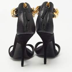 Pre Owned Giuseppe Zanotti Black Leather and Suede Chain T Strap Sandals Size 39