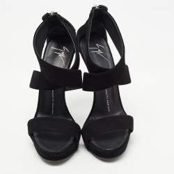 Pre Owned Giuseppe Zanotti Black Suede Ankle Wrap Wedge Sandals Size 37.5