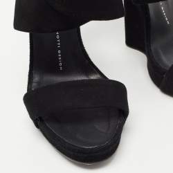 Pre Owned Giuseppe Zanotti Black Suede Ankle Wrap Wedge Sandals Size 37.5