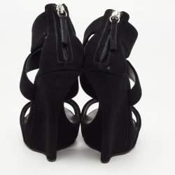 Pre Owned Giuseppe Zanotti Black Suede Ankle Wrap Wedge Sandals Size 37.5