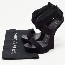 Pre Owned Giuseppe Zanotti Black Suede Ankle Wrap Wedge Sandals Size 37.5