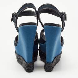 مملوكة مسبقًا Giuseppe Zanotti Navy Blue/Black Canvas and Leather Ankle Strap Wedge Sandals Size 40