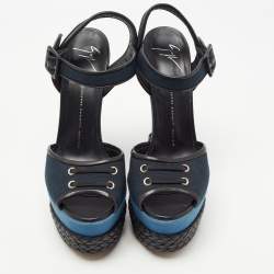 مملوكة مسبقًا Giuseppe Zanotti Navy Blue/Black Canvas and Leather Ankle Strap Wedge Sandals Size 40