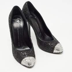 Giuseppe Zanotti Black/Silver Coarse Glitter Cap Toe Pumps Size 39