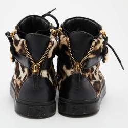 Giuseppe Zanotti Brown/Black Leopard Print Calfhair Lace Up High Top Sneakers 37