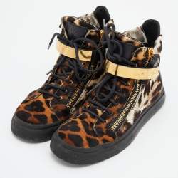 Giuseppe Zanotti Brown/Black Leopard Print Calfhair Lace Up High Top Sneakers 37