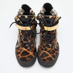 Giuseppe Zanotti Brown/Black Leopard Print Calfhair Lace Up High Top Sneakers 37