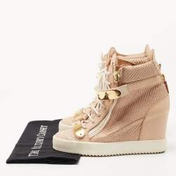 Giuseppe Zanotti Peach Pink Python Embossed Leather Coby Wedge Sneakers Size 38