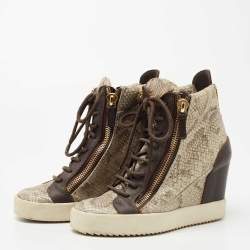 Giuseppe Zanotti Beige/Brown Embossed Python and Leather High Top Wedge Sneakers Size 38