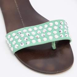 Giuseppe Zanotti Green Suede Leather Crystal Embellished Flat Slides Size 36.5