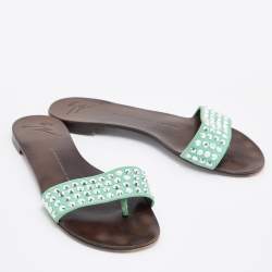 Giuseppe Zanotti Green Suede Leather Crystal Embellished Flat Slides Size 36.5