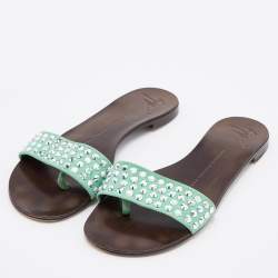 Giuseppe Zanotti Green Suede Leather Crystal Embellished Flat Slides Size 36.5