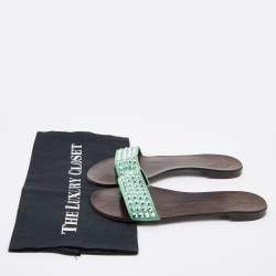 Giuseppe Zanotti Green Suede Leather Crystal Embellished Flat Slides Size 36.5