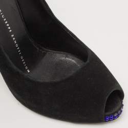 Giuseppe Zanotti Black Suede Crystal Embellished Peep Toe Pumps Size 37