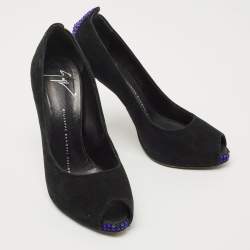 Giuseppe Zanotti Black Suede Crystal Embellished Peep Toe Pumps Size 37