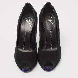 Giuseppe Zanotti Black Suede Crystal Embellished Peep Toe Pumps Size 37