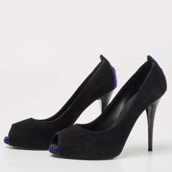 Giuseppe Zanotti Black Suede Crystal Embellished Peep Toe Pumps Size 37