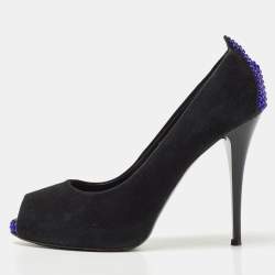 Giuseppe Zanotti Black Suede Crystal Embellished Peep Toe Pumps Size 37