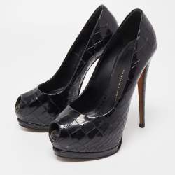 Giuseppe Zanotti Black Patent Croc Embossed Sharon Platform Peep Toe Pumps Size 37.5