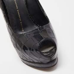Giuseppe Zanotti Black Patent Croc Embossed Sharon Platform Peep Toe Pumps Size 37.5