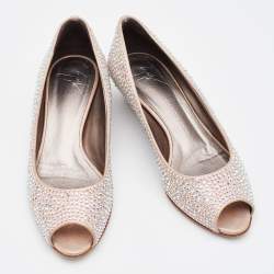 Pre Owned Giuseppe Zanotti Metallic Peach Crystal Embellished Peep Toe Wedge Pumps Size 36