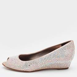 Pre Owned Giuseppe Zanotti Metallic Peach Crystal Embellished Peep Toe Wedge Pumps Size 36