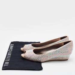Pre Owned Giuseppe Zanotti Metallic Peach Crystal Embellished Peep Toe Wedge Pumps Size 36