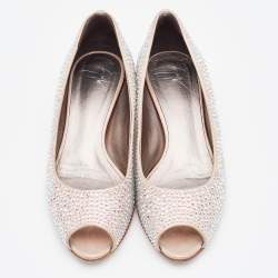 Pre Owned Giuseppe Zanotti Metallic Peach Crystal Embellished Peep Toe Wedge Pumps Size 36