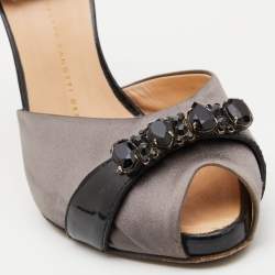 Giuseppe Zanotti Grey/Black Satin and Patent Leather Crystal Embellished Ankle Strap Sandals Size 37.5