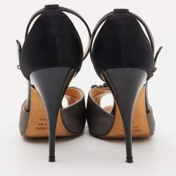 Giuseppe Zanotti Grey/Black Satin and Patent Leather Crystal Embellished Ankle Strap Sandals Size 37.5