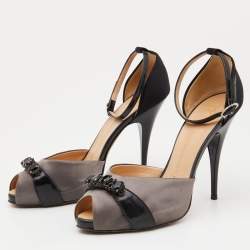 Giuseppe Zanotti Grey/Black Satin and Patent Leather Crystal Embellished Ankle Strap Sandals Size 37.5