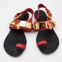 مملوكة مسبقًا Giuseppe Zanotti Red Leather Toe Ring Buckle Slingback Flat Sandals Size 37