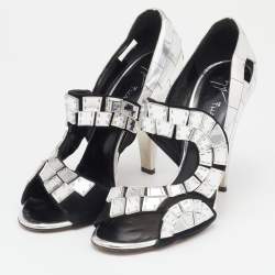 Pre Owned Giuseppe Zanotti Black/Silver Leather Mirror Embellished Platform Pumps Size 39