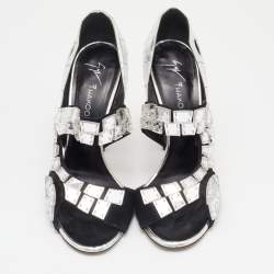 Pre Owned Giuseppe Zanotti Black/Silver Leather Mirror Embellished Platform Pumps Size 39