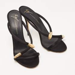 Pre Owned Giuseppe Zanotti Black Satin Crystal Embellished Snake Motif Aleesha  Slide Sandals Size 40