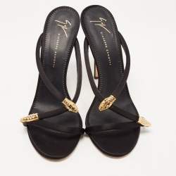 Pre Owned Giuseppe Zanotti Black Satin Crystal Embellished Snake Motif Aleesha  Slide Sandals Size 40