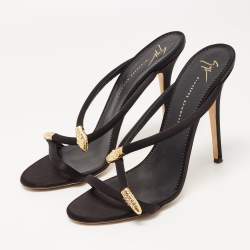 Pre Owned Giuseppe Zanotti Black Satin Crystal Embellished Snake Motif Aleesha  Slide Sandals Size 40