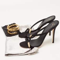 Pre Owned Giuseppe Zanotti Black Satin Crystal Embellished Snake Motif Aleesha  Slide Sandals Size 40