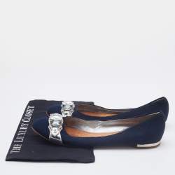 Giuseppe Zanotti Navy Blue Canvas Crystals Embellishment Ballet Flats Size 40.5