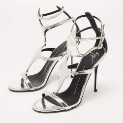 Pre Owned Giuseppe Zanotti Metallic Silver Leather Strappy Sandals Size 37.5
