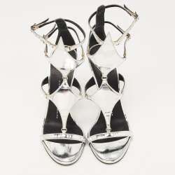 Pre Owned Giuseppe Zanotti Metallic Silver Leather Strappy Sandals Size 37.5