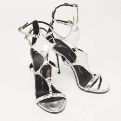 Pre Owned Giuseppe Zanotti Metallic Silver Leather Strappy Sandals Size 37.5