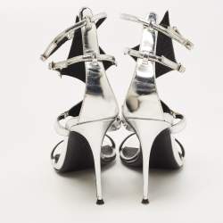 Pre Owned Giuseppe Zanotti Metallic Silver Leather Strappy Sandals Size 37.5