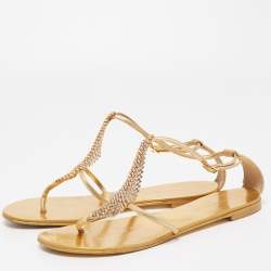 مملوكة مسبقًا Giuseppe Zanotti Gold Leather Josie Thong Flat Sandals Size 38