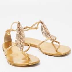 مملوكة مسبقًا Giuseppe Zanotti Gold Leather Josie Thong Flat Sandals Size 38