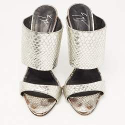 Giuseppe Zanotti Silver Python Embossed Leather Andrea Sandals Size 38.5