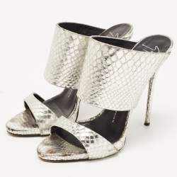 Giuseppe Zanotti Silver Python Embossed Leather Andrea Sandals Size 38.5