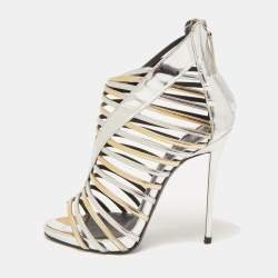 Pre Owned Giuseppe Zanotti Gold/Silver Foil Leather Strappy Ankle Booties Size 37.5