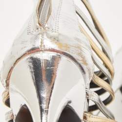 Pre Owned Giuseppe Zanotti Gold/Silver Foil Leather Strappy Ankle Booties Size 37.5