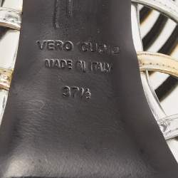 Pre Owned Giuseppe Zanotti Gold/Silver Foil Leather Strappy Ankle Booties Size 37.5